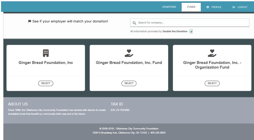 Screenshot of nonprofit landing page on fund portal